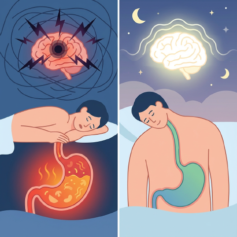 図解:夜遅い食事と軽い夕食の睡眠の質への影響比較