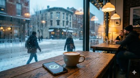 雪の降る窓の外と温かいコーヒーがある落ち着いた風景