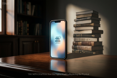 スマートフォンが本の影を落とす、デジタルへの移行を象徴するイメージ