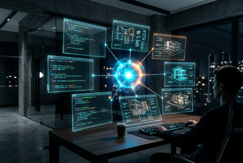 複数のホログラフィック画面が接続された未来的なワークスペース