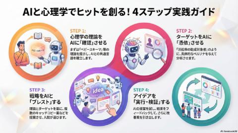 心理学理論とマーケティング戦略を組み合わせた生成AIブレインストーミングのプロセス図