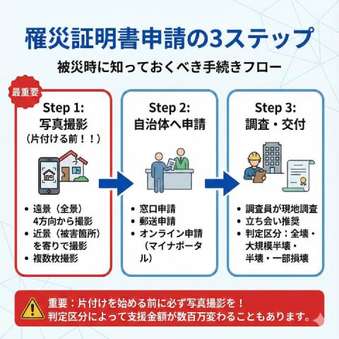 罹災証明書申請の3ステップフロー