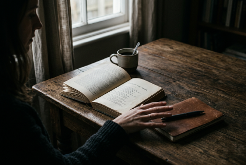 本を押さえながらメモを取るもどかしさを表現した一枚