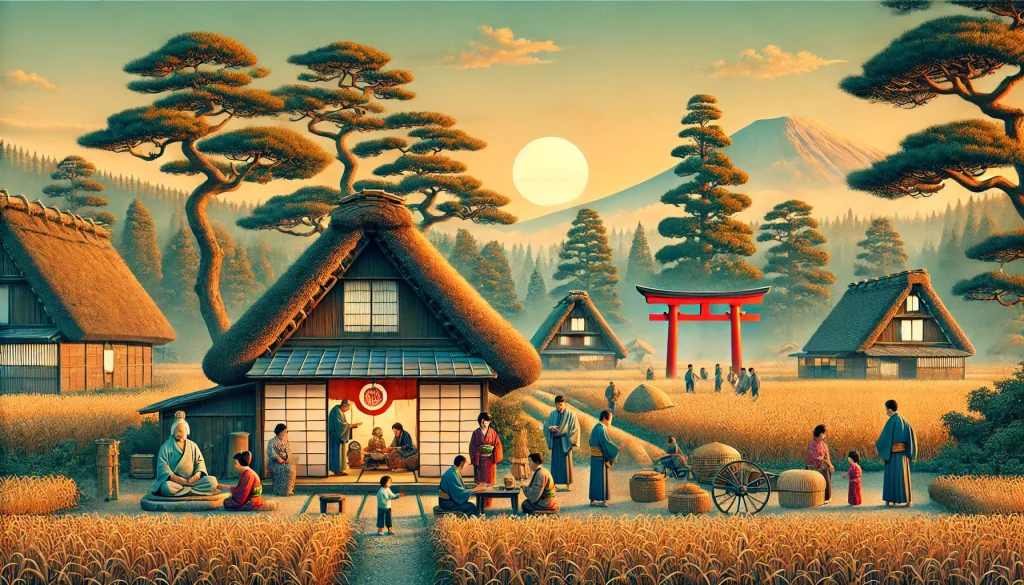 An image symbolizing the cultural background of happiness in Japan. A traditional Japanese village scene with thatched-roof houses, surrounded by rice fields ready for harvest under a gentle autumn sky. In the foreground, a family gathers in a small garden, enjoying traditional activities, with children playing and elders preparing tea. Nearby, a Shinto shrine and ancient torii gate stand surrounded by tall cedar trees. The atmosphere is peaceful and nostalgic, representing Japan’s historical connection to nature, family, and cultural traditions. Aspect ratio: 16:9.